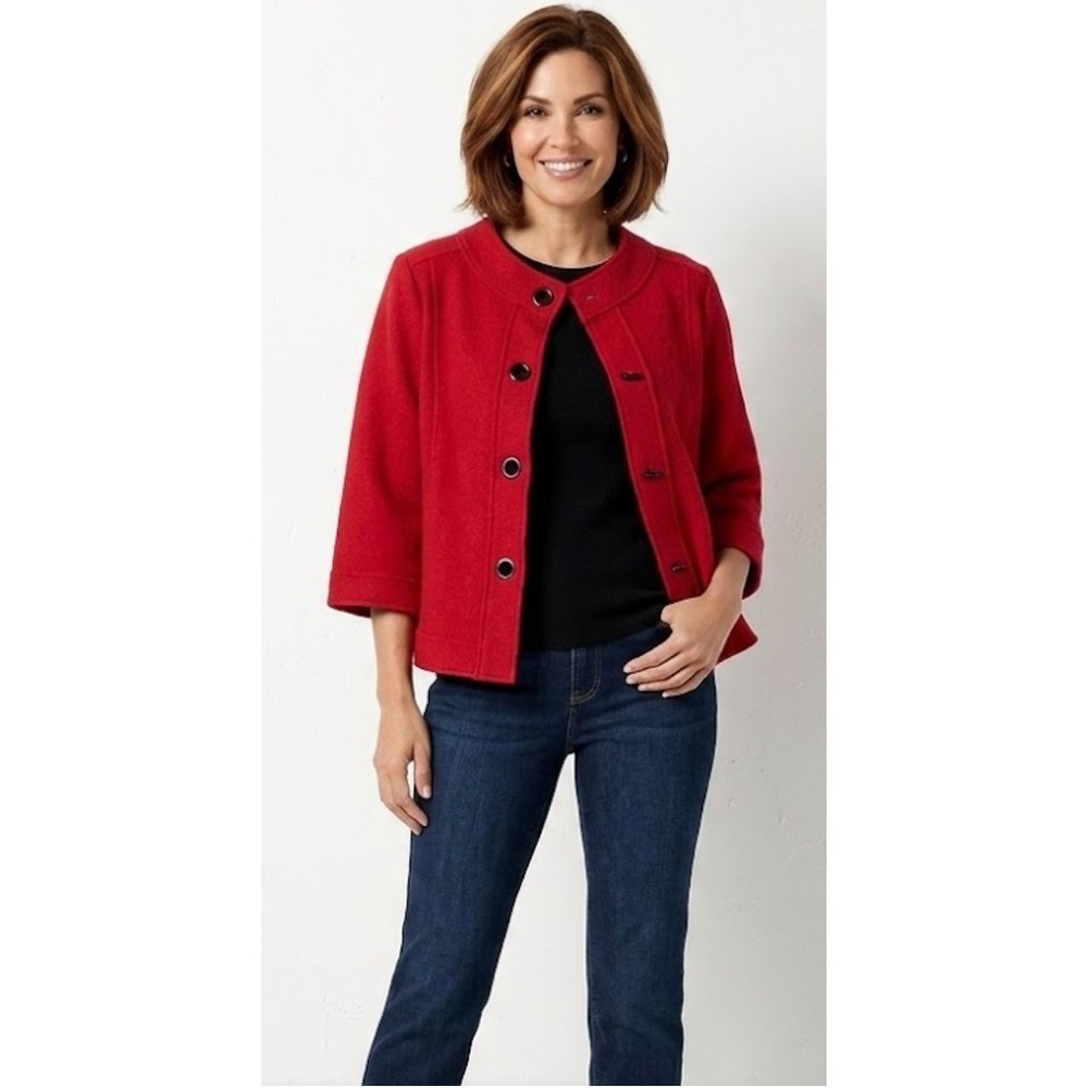 Chico's Red 100% Boiled Wool Jacket 3/4 Sleeve Statement Button Cardigan Size M